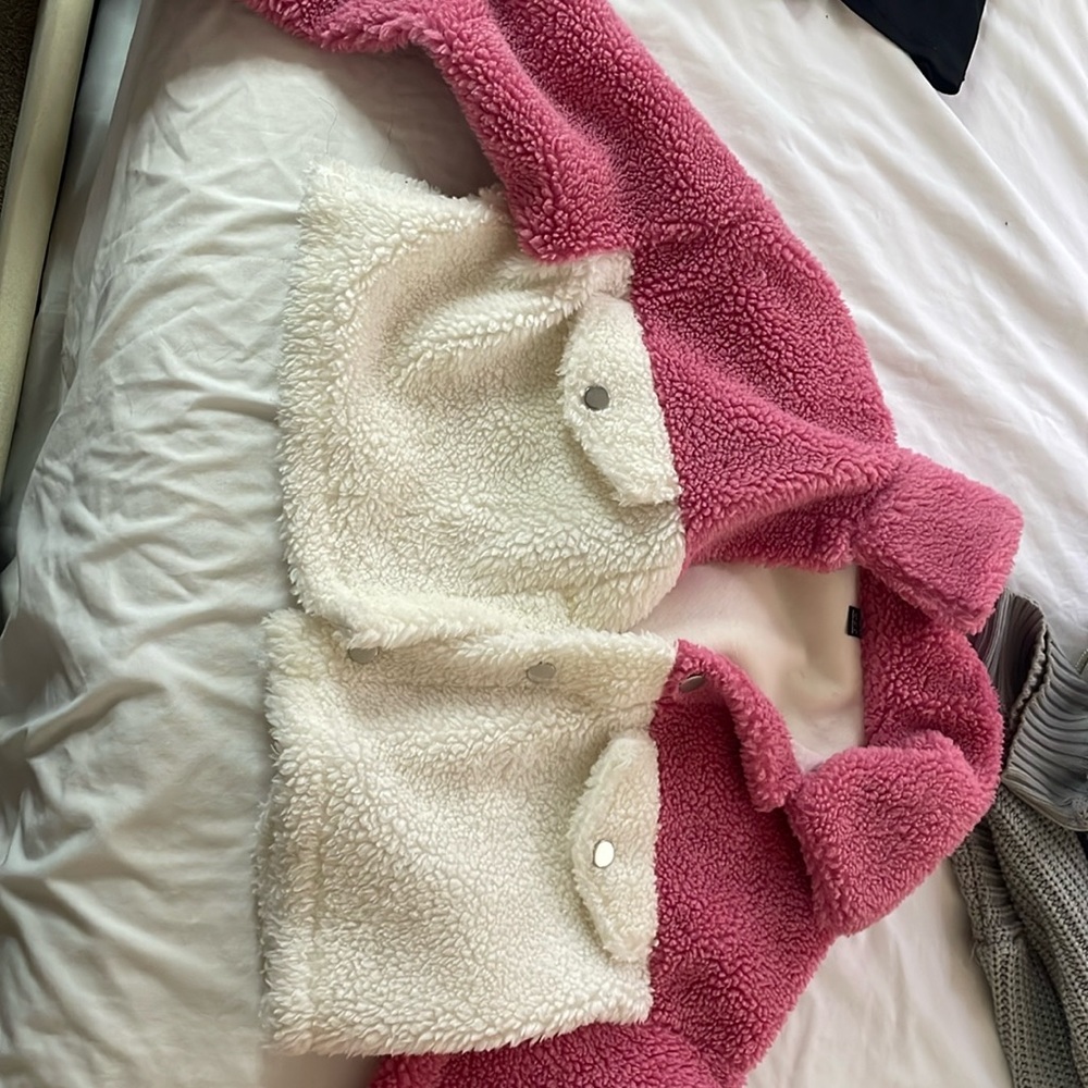 Shein Pink and Cream Sherpa Button-Up Crop Jacket